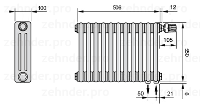 Схема (чертеж) Радиатор Zehnder Charleston 3055/11 №V002 Белый глянцевый RAL 9016